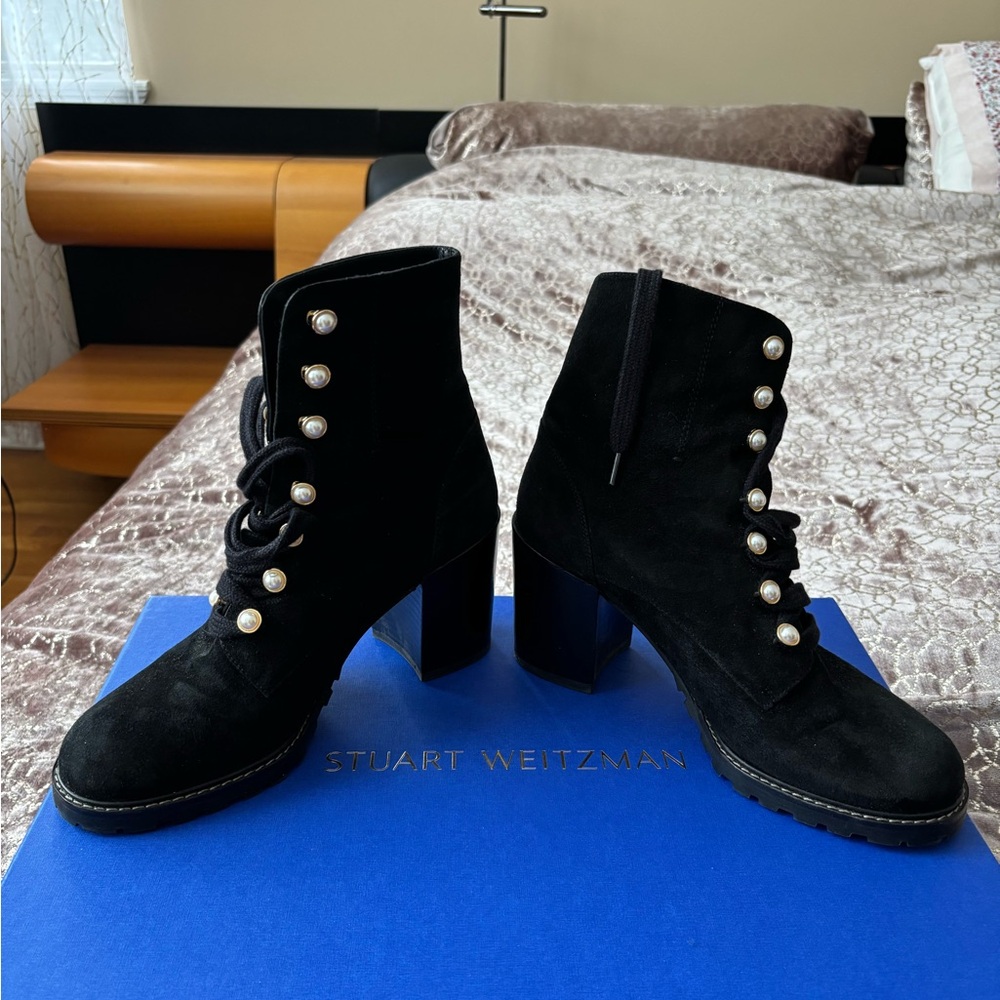 Stuart Weitzman Black Lace-Up Boots with Pearl Detail